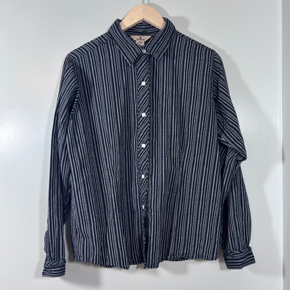 Woolrich Womens Black White Striped Cotton Long Sleeve Button Down Shirt Large